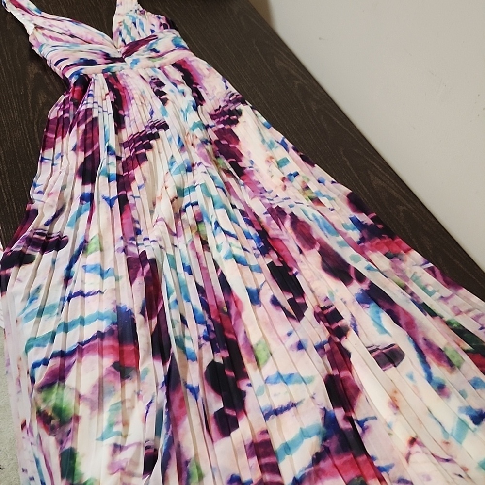Aidan Mattox Pleated Chiffon Gown Watercolor Evening Formal Wedding - Picture 8 of 10